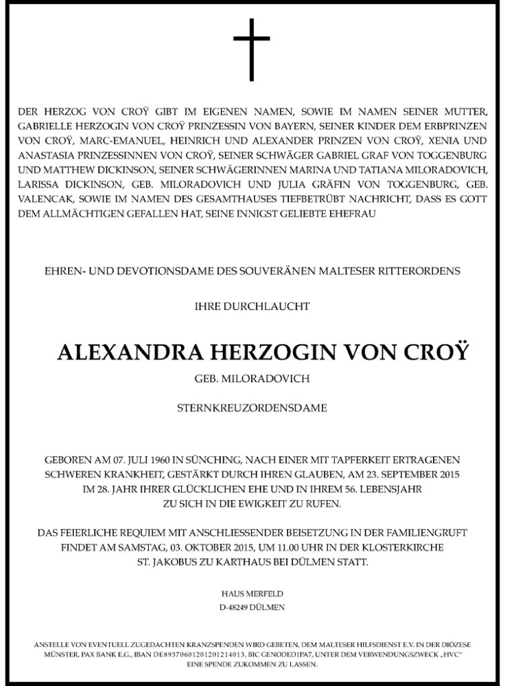  Traueranzeige für Alexandra Herzogin von Croy vom 26.09.2015 aus Westfälische Nachrichten