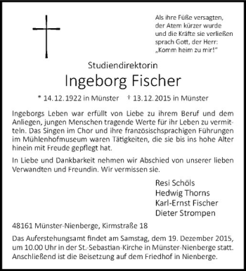Anzeige von Ingeborg Fischer von Westfälische Nachrichten