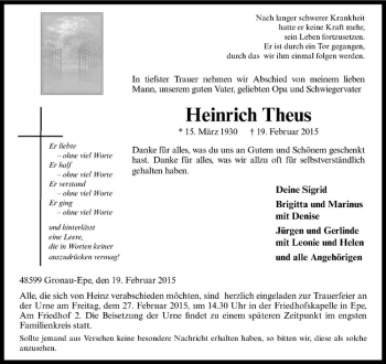 Anzeige von Heinrich Theus von Westfälische Nachrichten