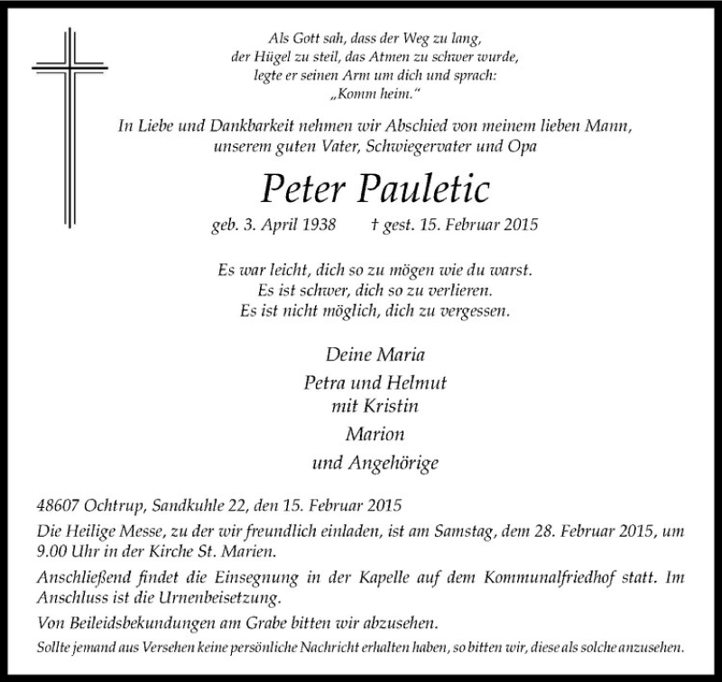  Traueranzeige für Peter Pauletic vom 25.02.2015 aus Westfälische Nachrichten