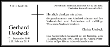 Anzeige von Gerhard Uesbeck von Westfälische Nachrichten