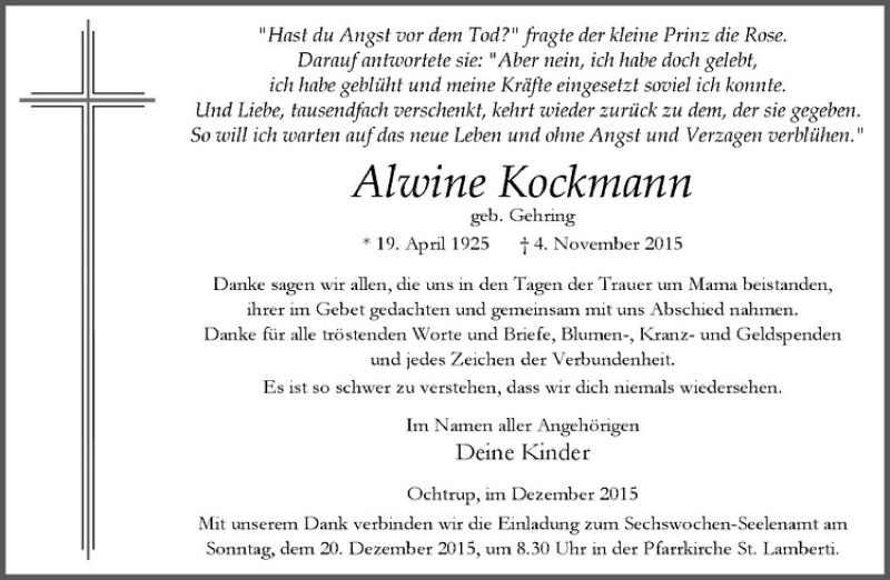  Traueranzeige für Alwine Kockmann vom 16.12.2015 aus Westfälische Nachrichten