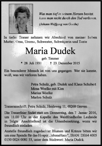 Anzeige von Maria Dudek von Westfälische Nachrichten