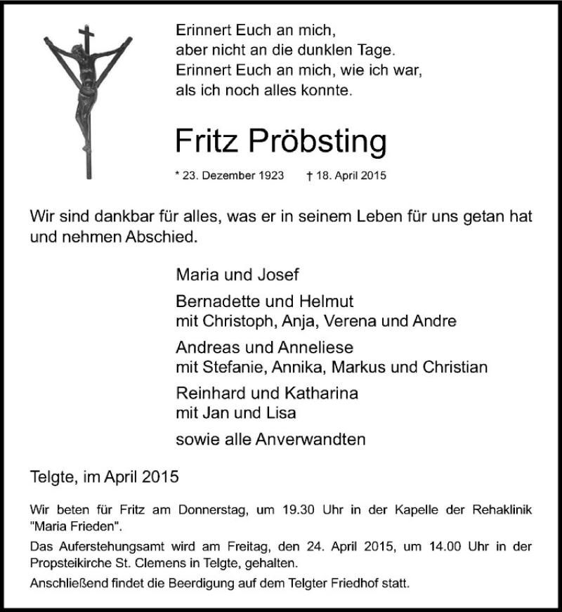  Traueranzeige für Fritz Pröbsting vom 22.04.2015 aus Westfälische Nachrichten