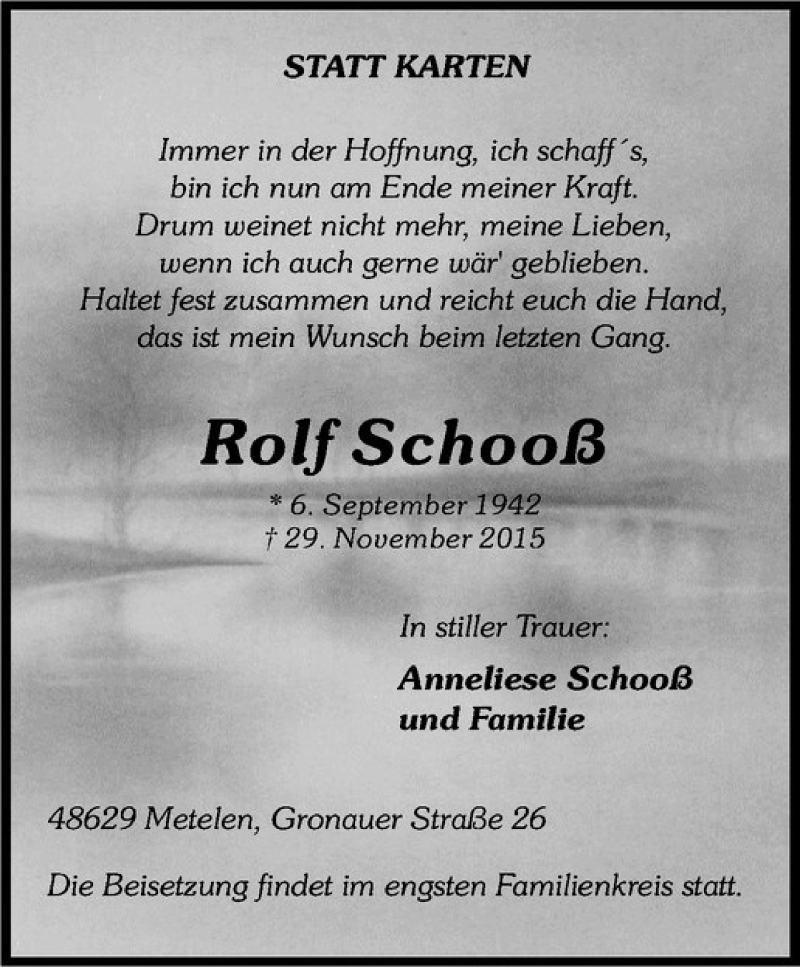  Traueranzeige für Rolf Schooß vom 03.12.2015 aus Westfälische Nachrichten