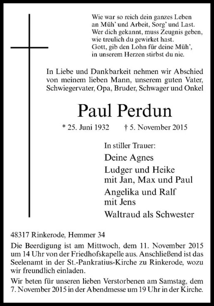  Traueranzeige für Paul Perdun vom 07.11.2015 aus Westfälische Nachrichten