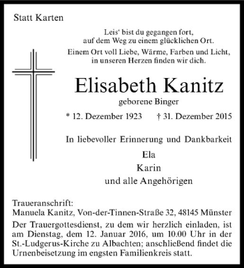 Anzeige von Elisabeth Kanitz von Westfälische Nachrichten
