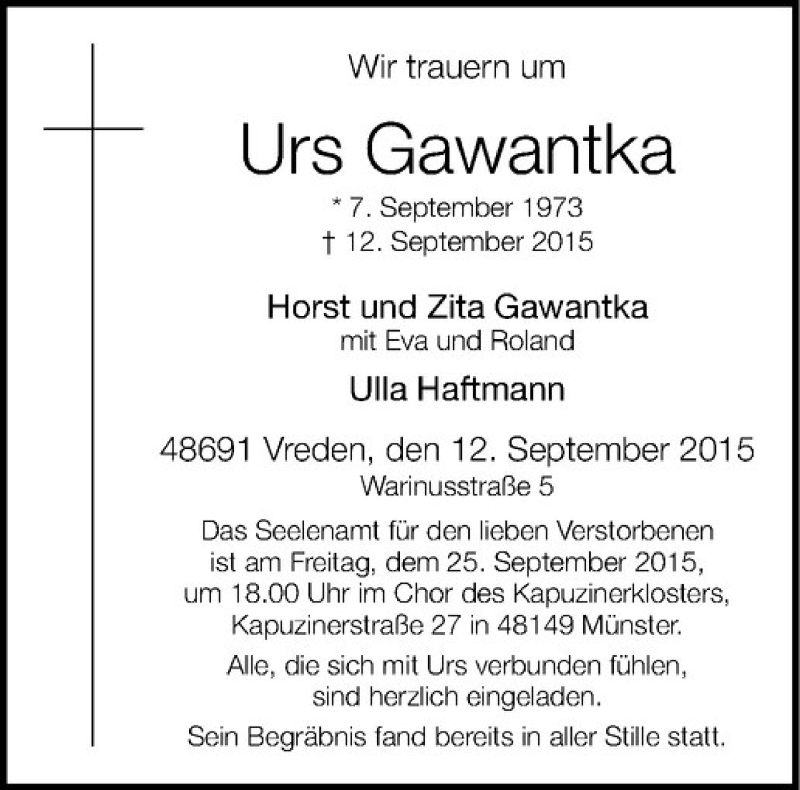  Traueranzeige für Urs Gawantka vom 24.09.2015 aus Westfälische Nachrichten