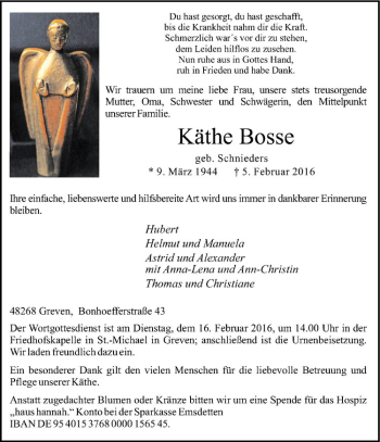 Anzeige von Käthe Bosse von Westfälische Nachrichten