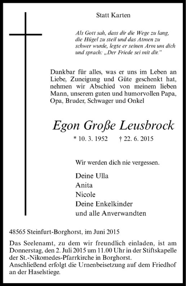  Traueranzeige für Egon Große Leusbrock vom 24.06.2015 aus Westfälische Nachrichten