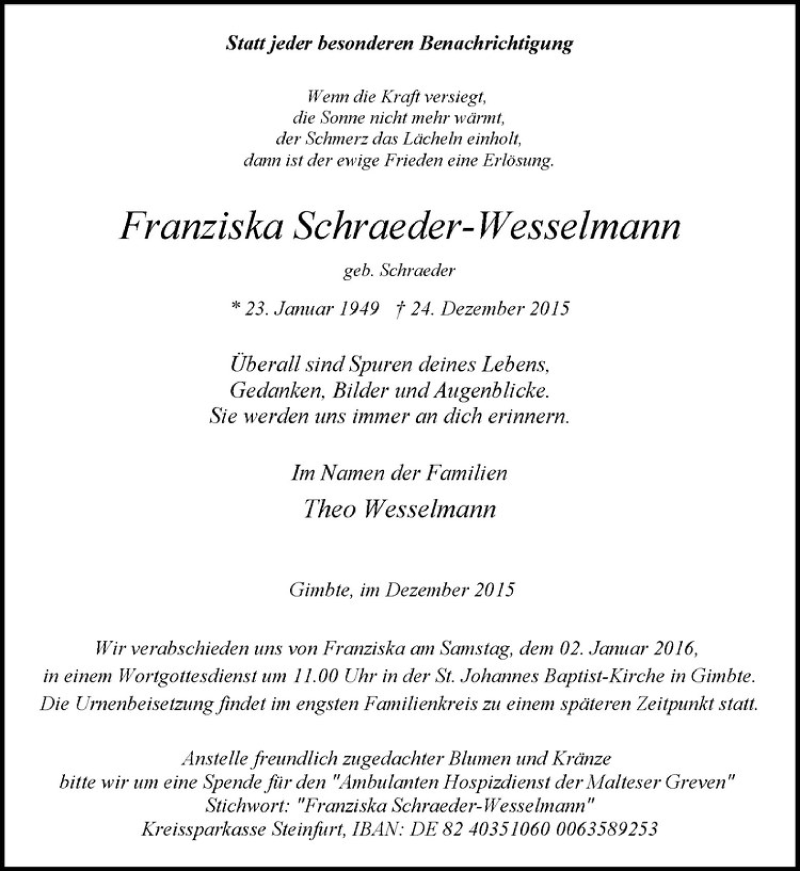  Traueranzeige für Franziska Schraeder-Wesselmann vom 29.12.2015 aus Westfälische Nachrichten