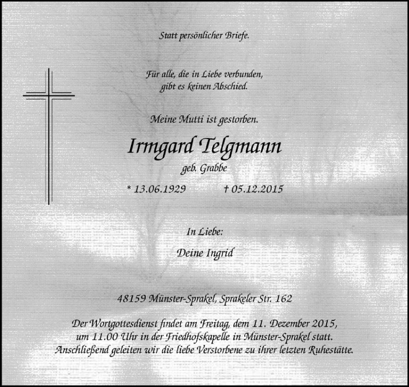  Traueranzeige für Irmgard Telgmann vom 08.12.2015 aus Westfälische Nachrichten