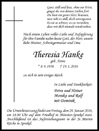 Anzeige von Theresia Hanke von Westfälische Nachrichten
