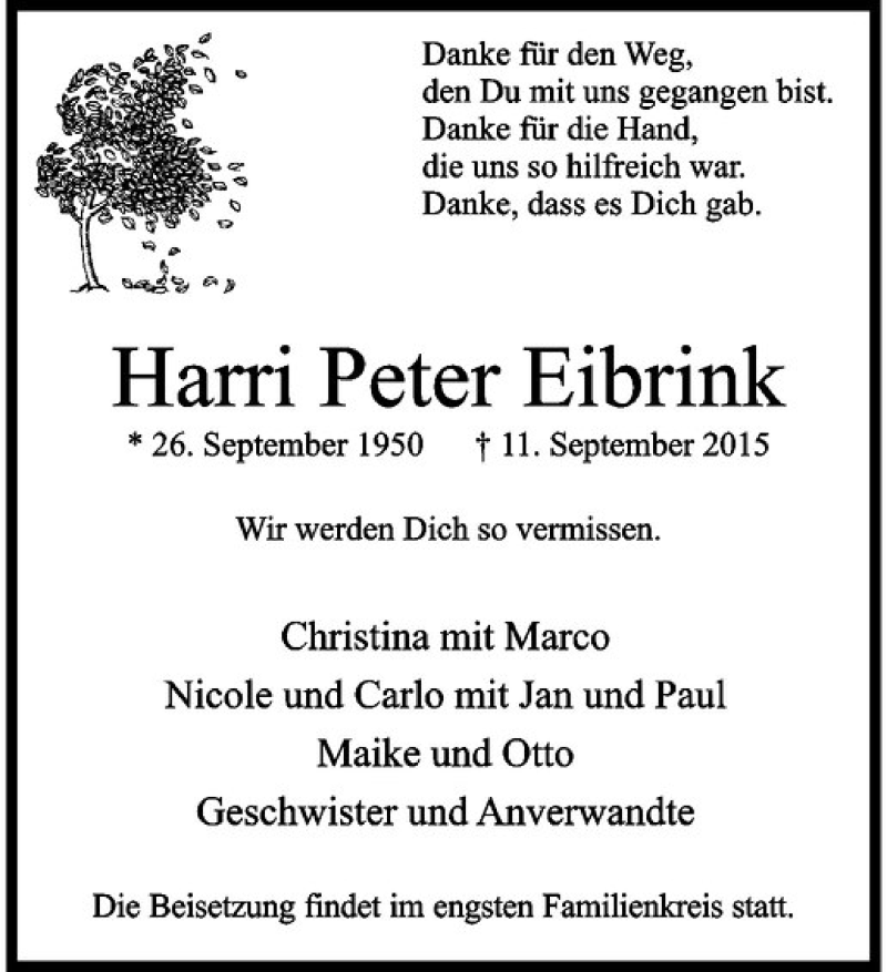  Traueranzeige für Harri Peter Eibrink vom 23.09.2015 aus Westfälische Nachrichten