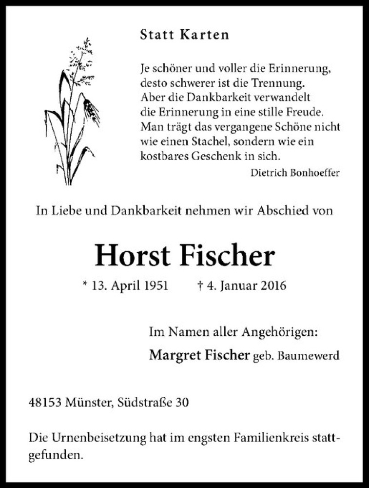  Traueranzeige für Horst Fischer vom 19.01.2016 aus Westfälische Nachrichten