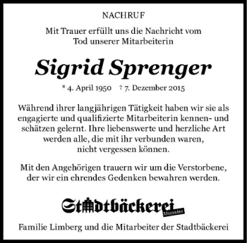 Anzeige von Sigrid Sprenger von Westfälische Nachrichten