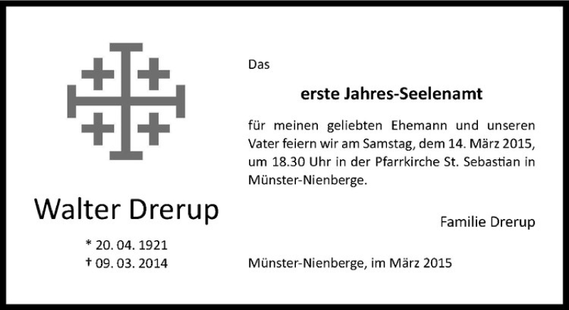  Traueranzeige für Walter Drerup vom 07.03.2015 aus Westfälische Nachrichten