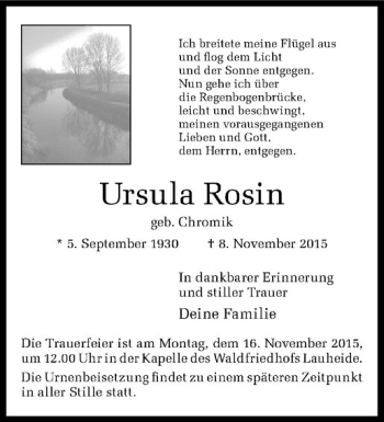Anzeige von Ursula Rosin von Westfälische Nachrichten