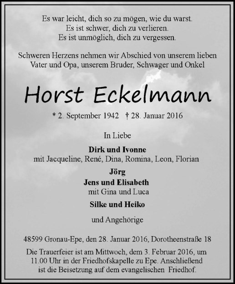  Traueranzeige für Horst Eckelmann vom 30.01.2016 aus Westfälische Nachrichten
