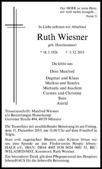 Anzeige von Ruth Wiesner von Westfälische Nachrichten