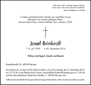 Anzeige von Josef Brinkrolf von Westfälische Nachrichten