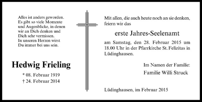  Traueranzeige für Hedwig Frieling vom 21.02.2015 aus Westfälische Nachrichten