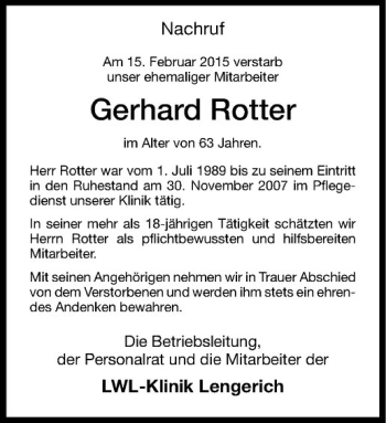Anzeige von Gerhard Rotter von Westfälische Nachrichten