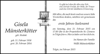 Anzeige von Gisela Münsterkötter von Westfälische Nachrichten
