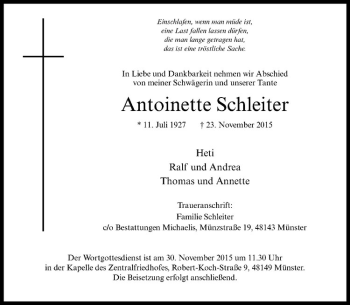 Anzeige von Antoinette Schleiter von Westfälische Nachrichten