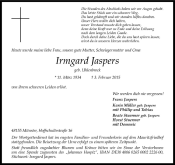 Anzeige von Irmgard Jaspers von Westfälische Nachrichten