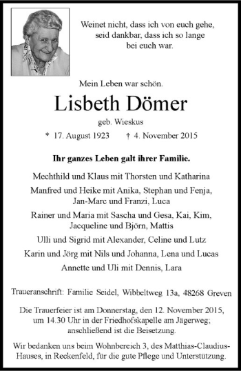 Anzeige von Lisbeth Dömer von Westfälische Nachrichten