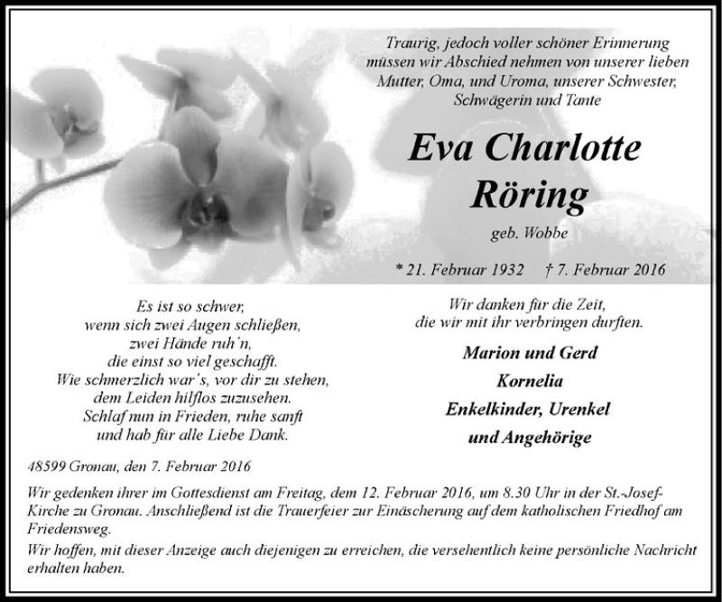  Traueranzeige für Eva Charlotte Röring vom 10.02.2016 aus Westfälische Nachrichten