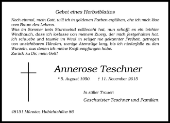 Anzeige von Annerose Teschner von Westfälische Nachrichten