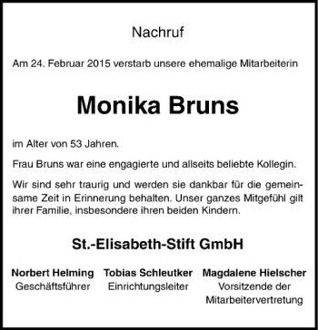 Anzeige von Monika Bruns von Westfälische Nachrichten