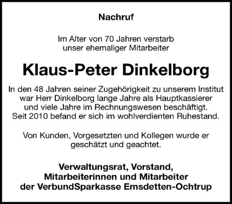  Traueranzeige für Klaus-Peter Dinkelborg vom 02.11.2015 aus Westfälische Nachrichten