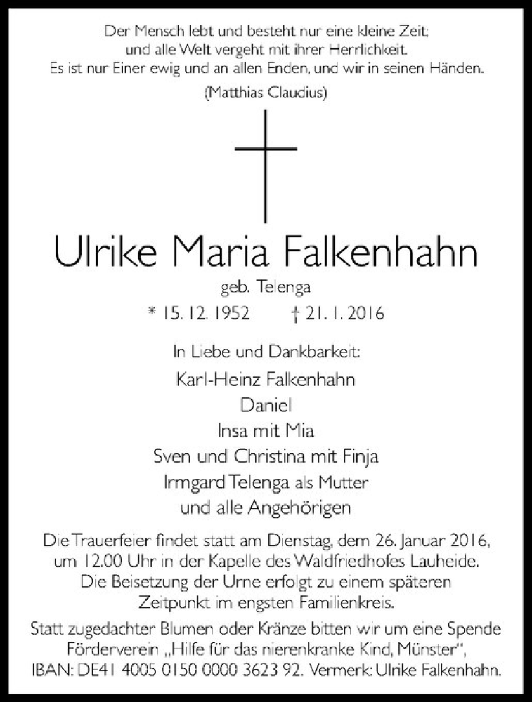  Traueranzeige für Ulrike Maria Falkenhahn vom 22.01.2016 aus Westfälische Nachrichten