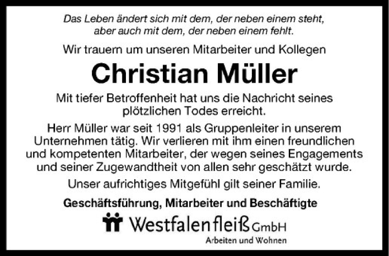  Traueranzeige für Christian Müller vom 26.09.2015 aus Westfälische Nachrichten