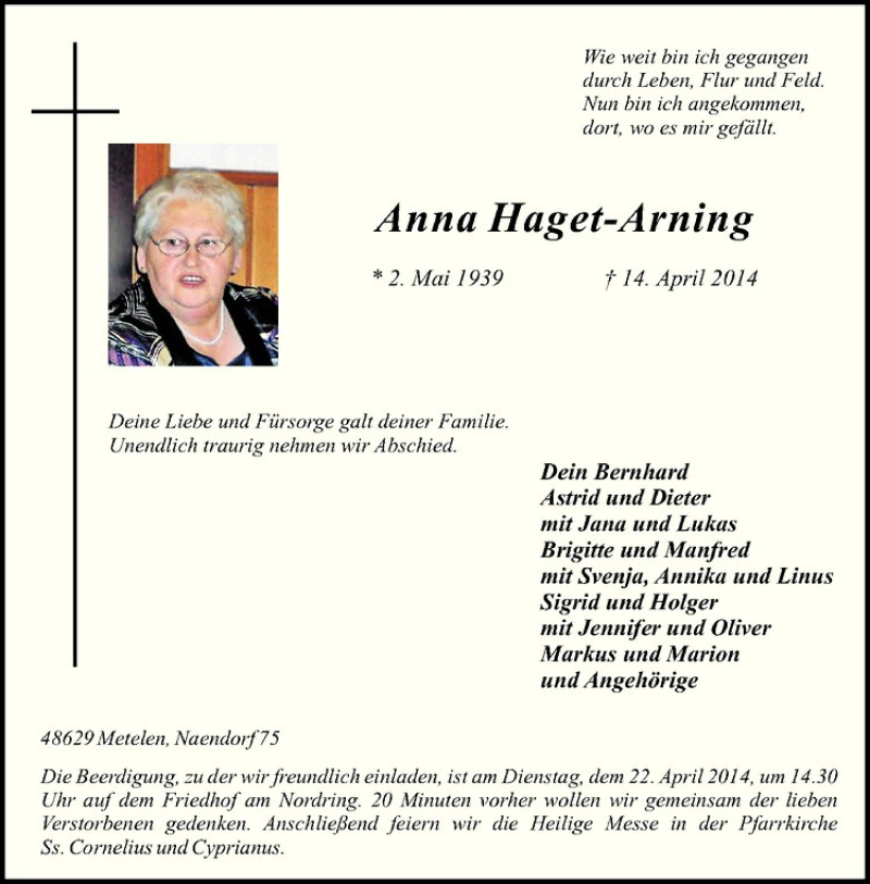  Traueranzeige für Anna Haget-Arning vom 17.04.2014 aus Westfälische Nachrichten