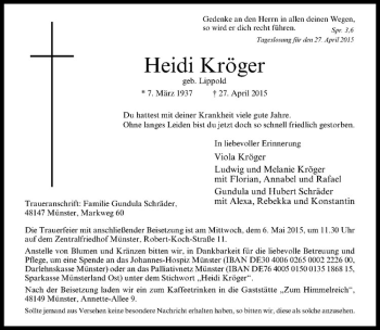 Anzeige von Heidi Kröger von Westfälische Nachrichten