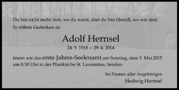 Anzeige von Adolf Hernsel von Westfälische Nachrichten