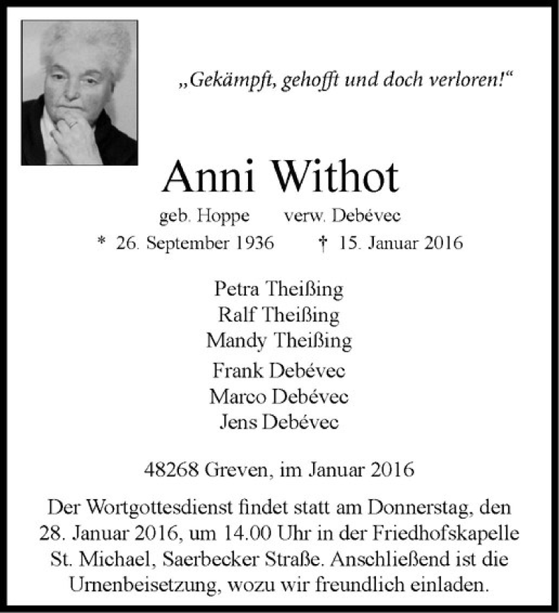  Traueranzeige für Anni Withot vom 20.01.2016 aus Westfälische Nachrichten