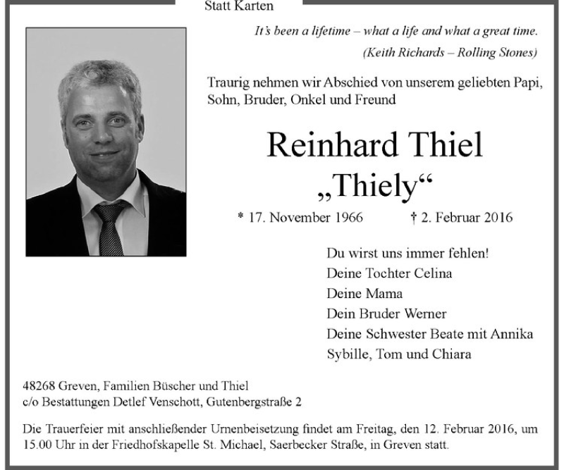  Traueranzeige für Reinhard Thiel vom 06.02.2016 aus Westfälische Nachrichten