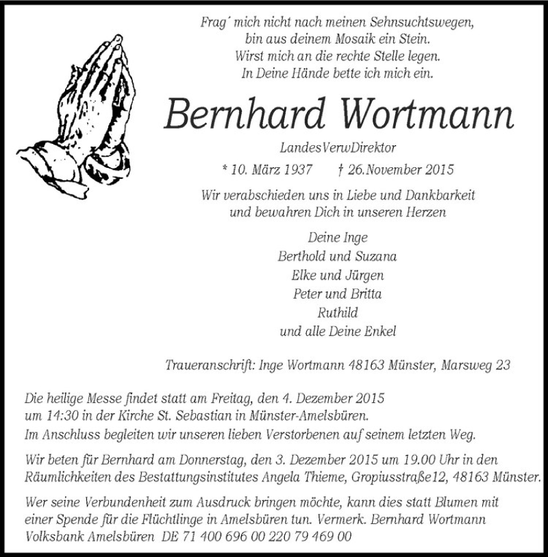  Traueranzeige für Bernhard Wortmann vom 02.12.2015 aus Westfälische Nachrichten