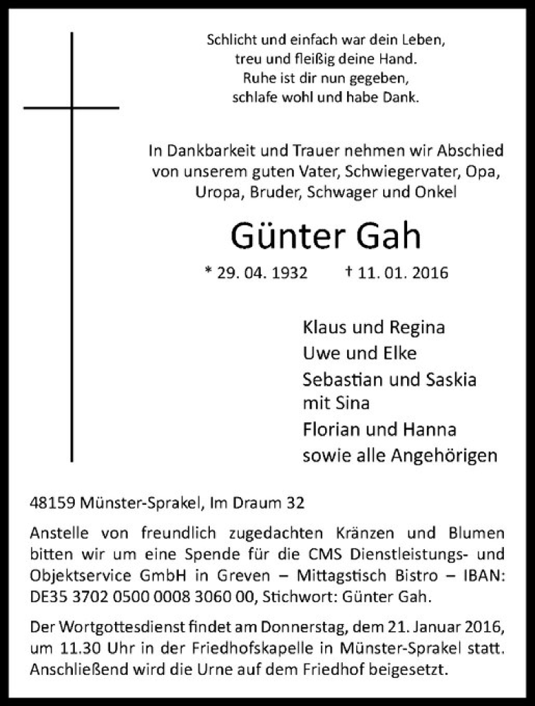  Traueranzeige für Günter Gah vom 16.01.2016 aus Westfälische Nachrichten