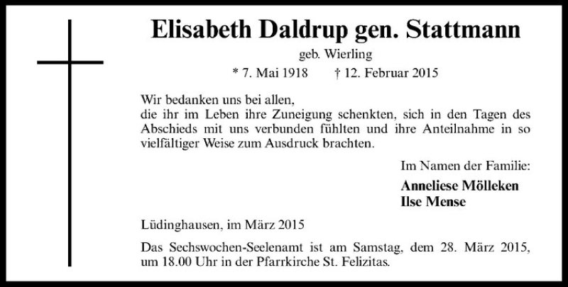  Traueranzeige für Elisabeth Daldrup vom 24.03.2015 aus Westfälische Nachrichten