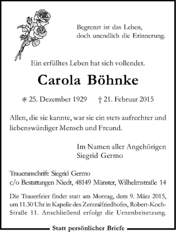 Anzeige von Carola Böhnke von Westfälische Nachrichten