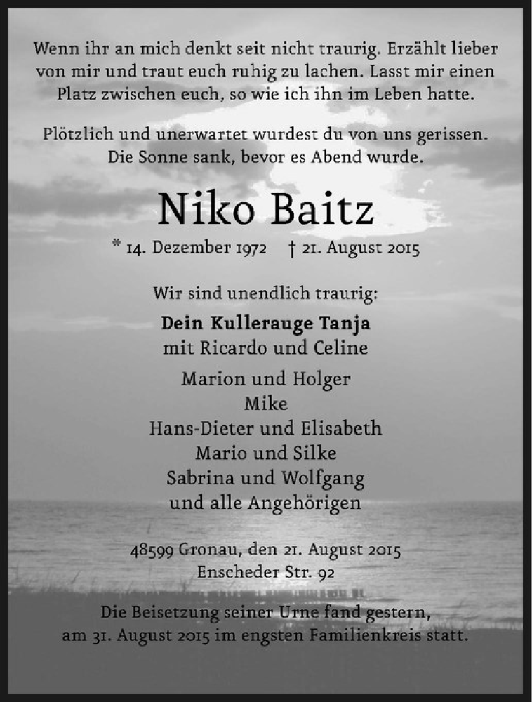  Traueranzeige für Niko Baitz vom 01.09.2015 aus Westfälische Nachrichten