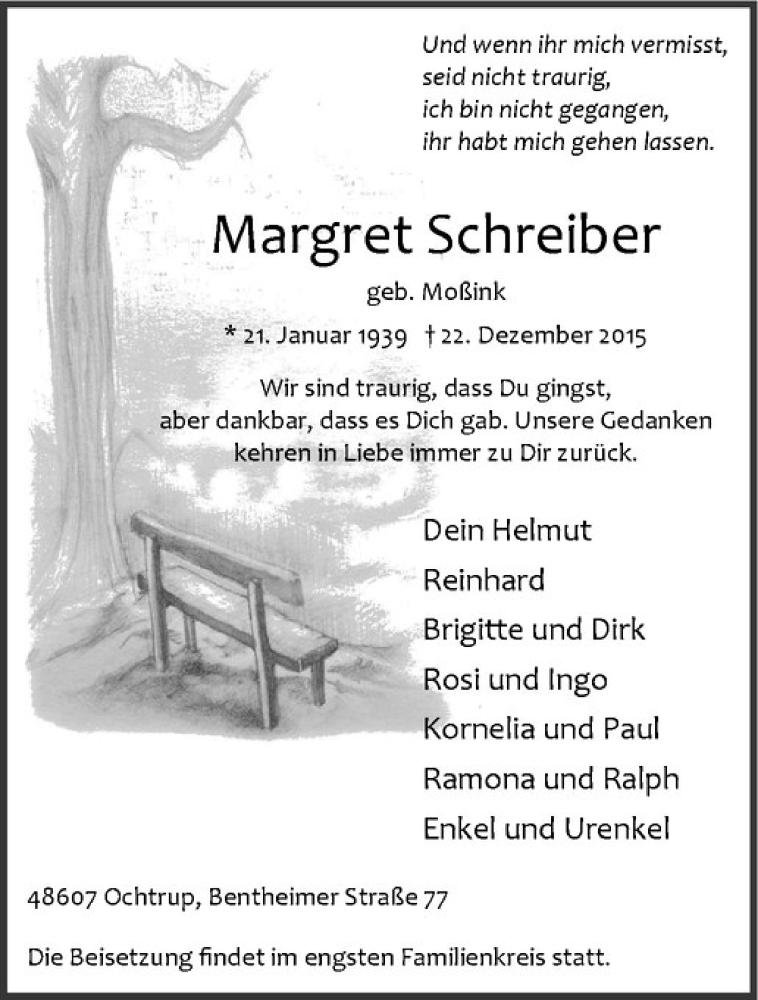  Traueranzeige für Margret Schreiber vom 28.12.2015 aus Westfälische Nachrichten