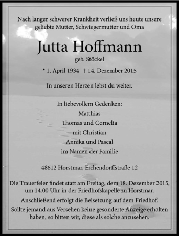 Anzeige von Jutta Hoffmann von Westfälische Nachrichten