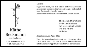 Anzeige von Käthe Beckmann von Westfälische Nachrichten